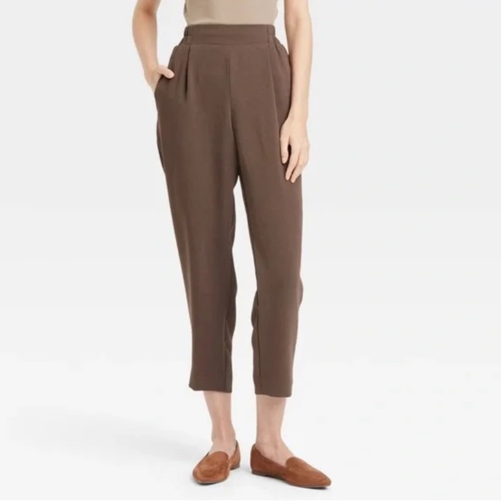 A New Day Women's Signature Crepe Tapered Ankle Pull-On Pants Brown S High Rise